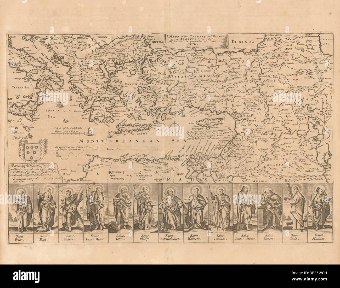 Une carte des voyages et voyages des Apôtres dans leur mission et en particulier de saint Paul. Carte Vintage illustrée par Richard Blome, 1701 Banque D'Images