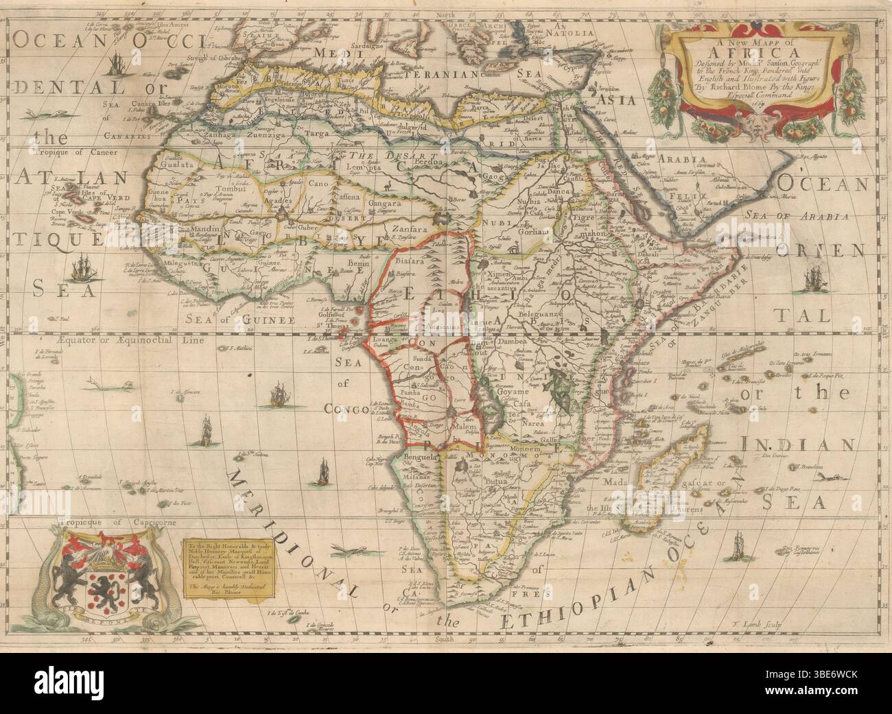 Un nouveau mapp de l'Afrique. Conçu par Mounsir. Sanson Geographr. Au roi de France. Et rendu en anglais et illustré de figures par Richard Blome. Carte Vintage illustrée par Richard Blome, 1669 Banque D'Images