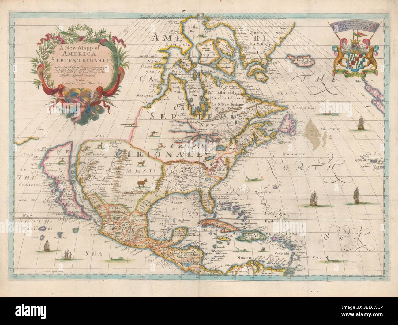 Un nouveau Mapp de l'Amérique Septentrionale. Conçu par Mouplusieurs Sanson, géographe du roi de France, rendu en anglais et illustré par Richard Blome. Carte Vintage illustrée par Richard Blome, 1669 Banque D'Images
