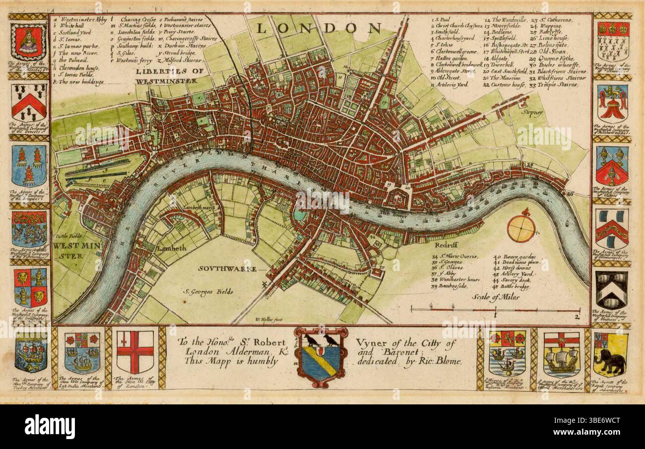 Plan des rues de Londres Angleterre. Carte Vintage illustrée par Richard Blome, 1669 Banque D'Images