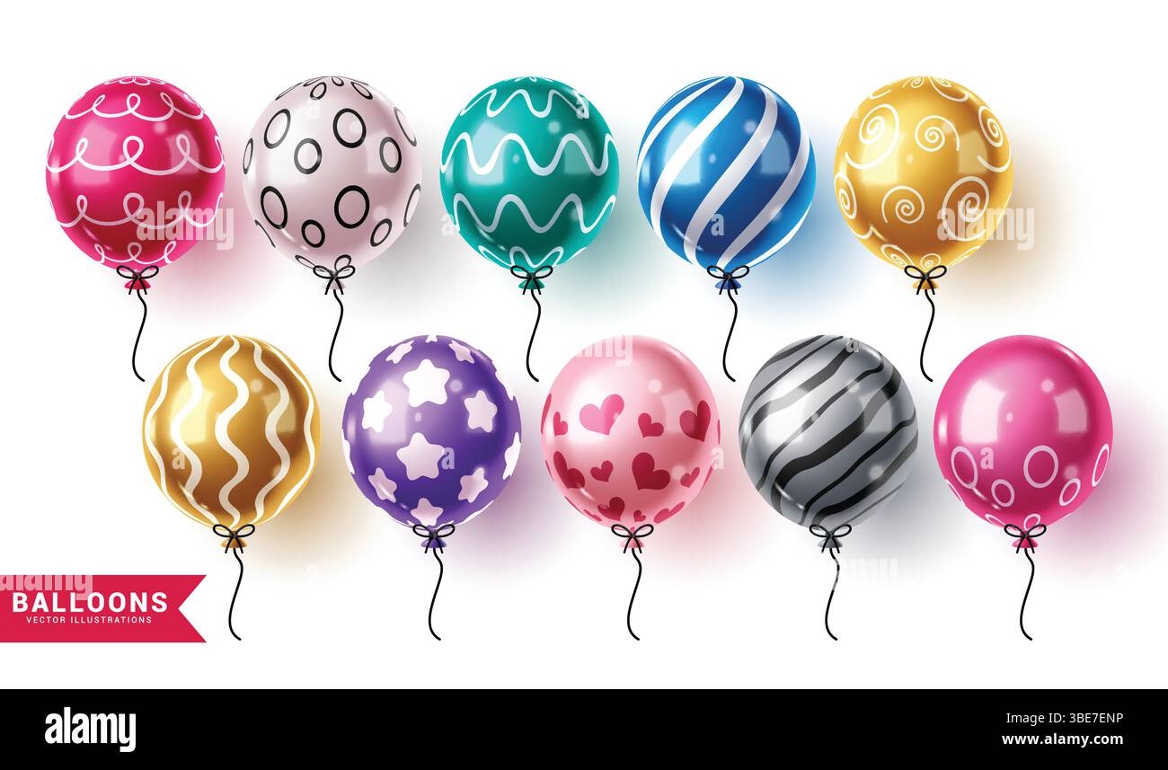Ensemble de cliparts de ballons d'anniversaire. Collection d'art clip de ballons gonflables colorés imprimés et de motif pour anniversaire, anniversaire, valentines Illustration de Vecteur