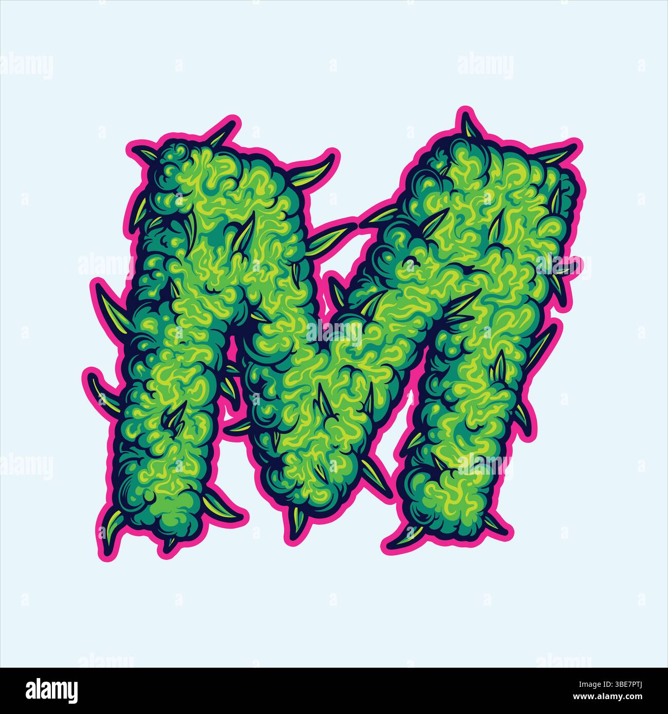 Lettre M verte stylisée avec contour rose et illustrations vectorielles de texture de cannabis pour votre logo de travail, t-shirt de marchandise, autocollants et conception d'étiquettes Illustration de Vecteur