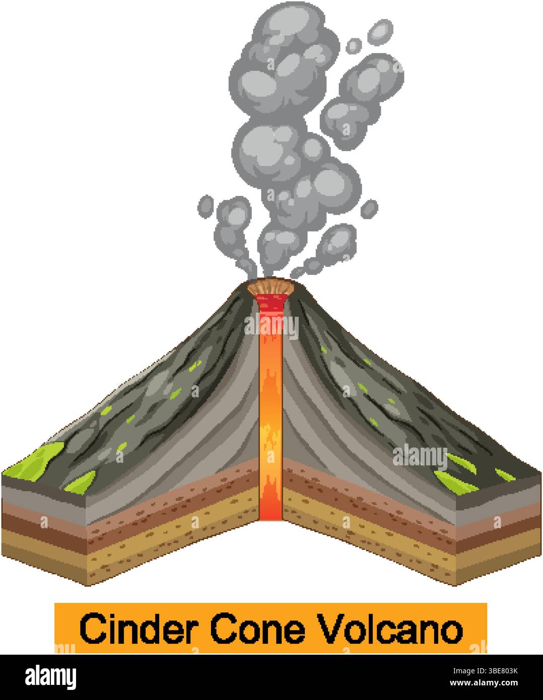 Illustration d’une coupe transversale de volcan en cône de cendre avec coulée de lave et fumée visibles, mettant en évidence les couches géologiques et l’activité volcanique Illustration de Vecteur