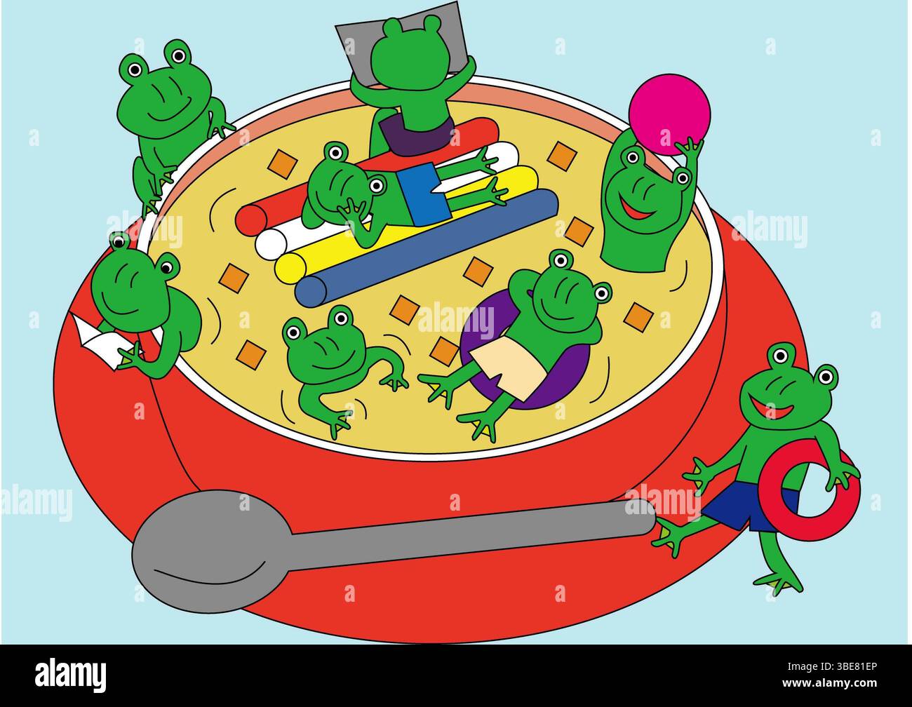 Grenouilles jouant dans une piscine de soupe Banque D'Images