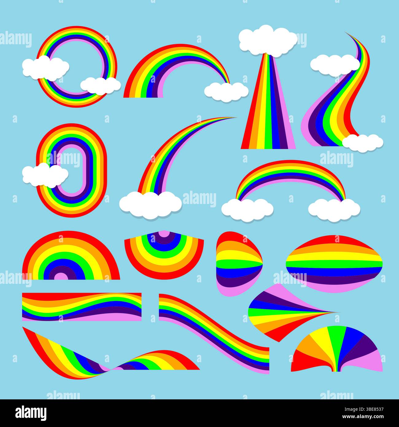 Une collection colorée d'éléments vectoriels arc-en-ciel avec des nuages, des arcs et des courbes sur un fond bleu, amusant et parfait pour les enfants ou les thèmes de fierté. Illustration de Vecteur