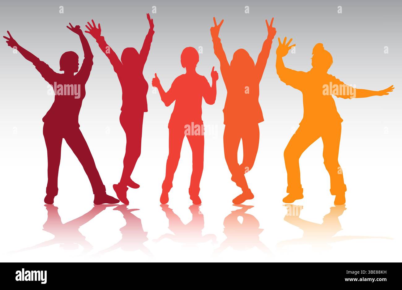 Groupe de femmes dansant silhouettes, mouvement énergique, poses ludiques Illustration de Vecteur