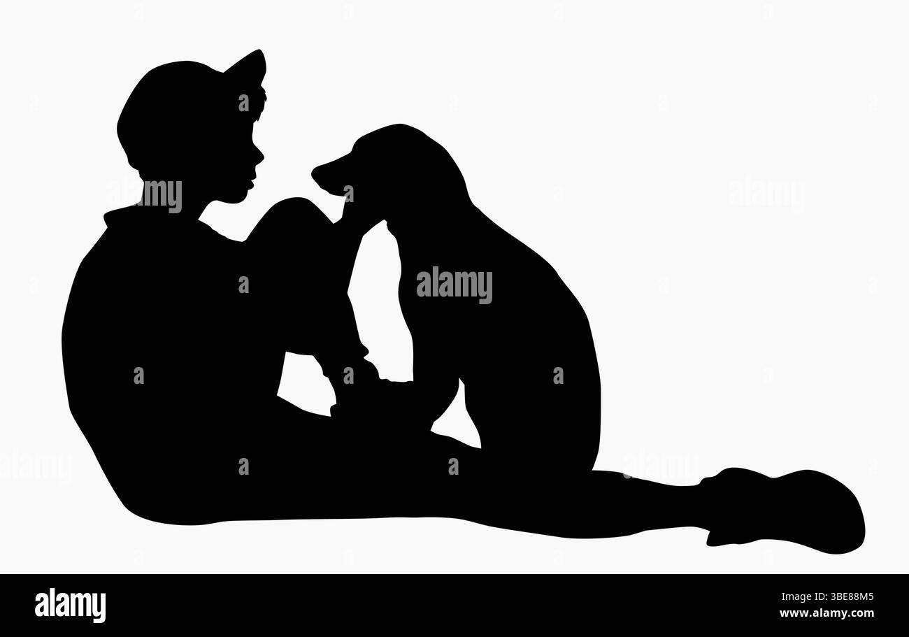 Silhouette d'un garçon jouant avec un chien Illustration de Vecteur