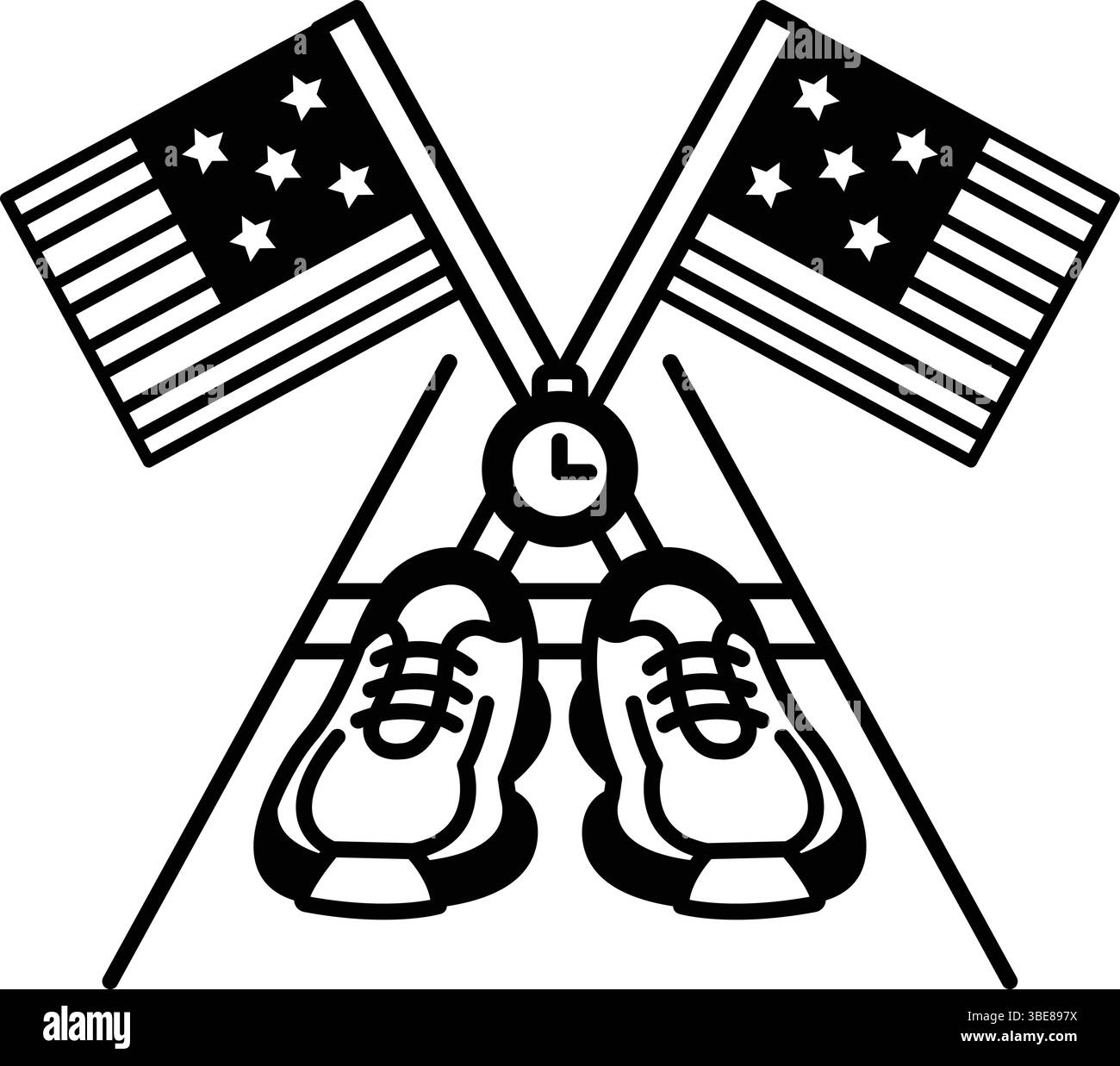 Une paire de chaussures placée sur une route, avec deux drapeaux américains en arrière-plan. Les chaussures sont positionnées au milieu de la route, avec une à gauche Illustration de Vecteur
