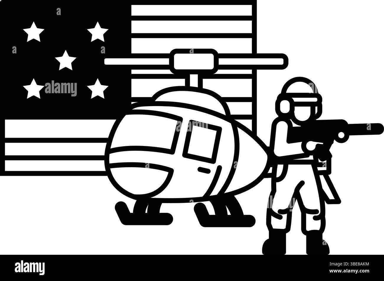 Un homme tient une arme à feu et se tient à côté d'un hélicoptère. Concept d'action militaire et de préparation Illustration de Vecteur