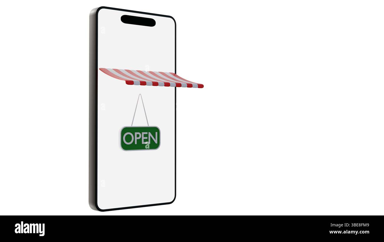 Un rendu 3D représente un smartphone moderne avec un écran blanc vierge et un auvent rayé rouge et blanc sur une devanture de magasin avec un signe vert « OUVERT ». Banque D'Images