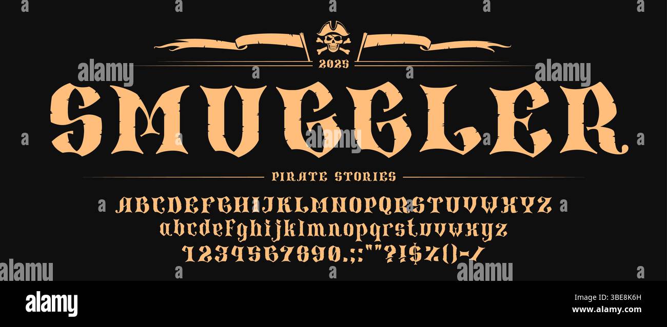Police pirate médiévale ou police corsaire et type occidental, alphabet anglais nautique vectoriel. Lettres de police médiévales, effet de type grunge de la carte pirates de l'île au trésor des Caraïbes pour la police de caractères corsaire Illustration de Vecteur