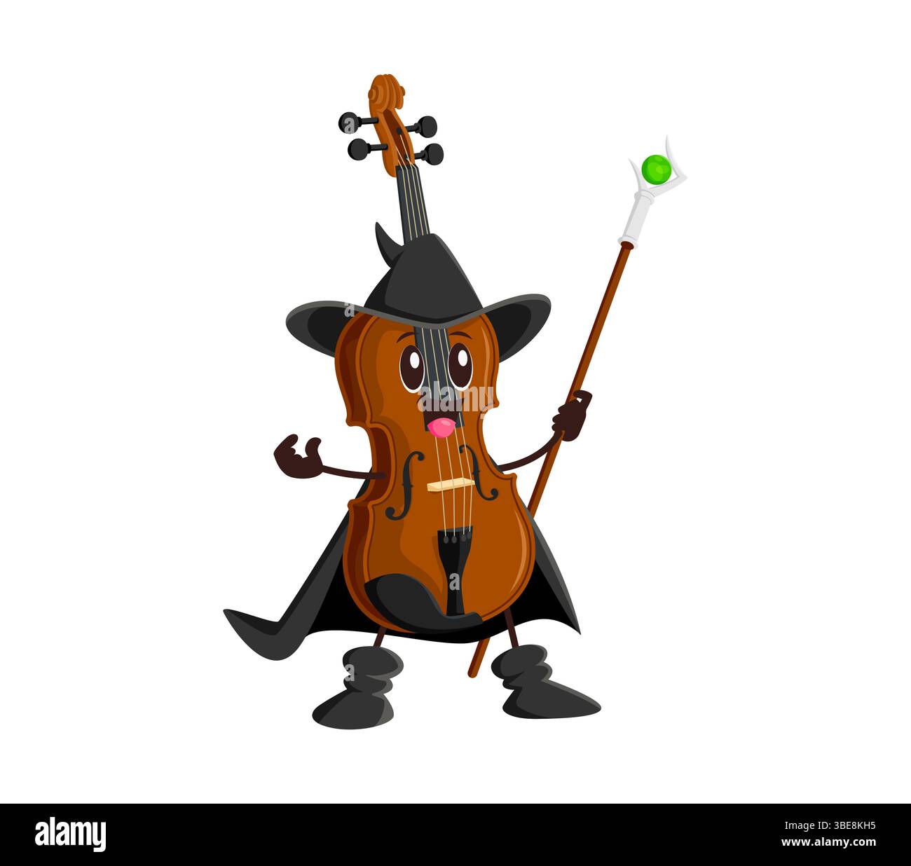 Dessin animé Halloween instrument de musique de violon mage ou personnage de sorcier. Magicien d'orchestre mascotte heureuse. Vecteur d'instrument de musique Warlock personnage mignon. Violon drôle personnage de sorcier avec bâton magique Illustration de Vecteur