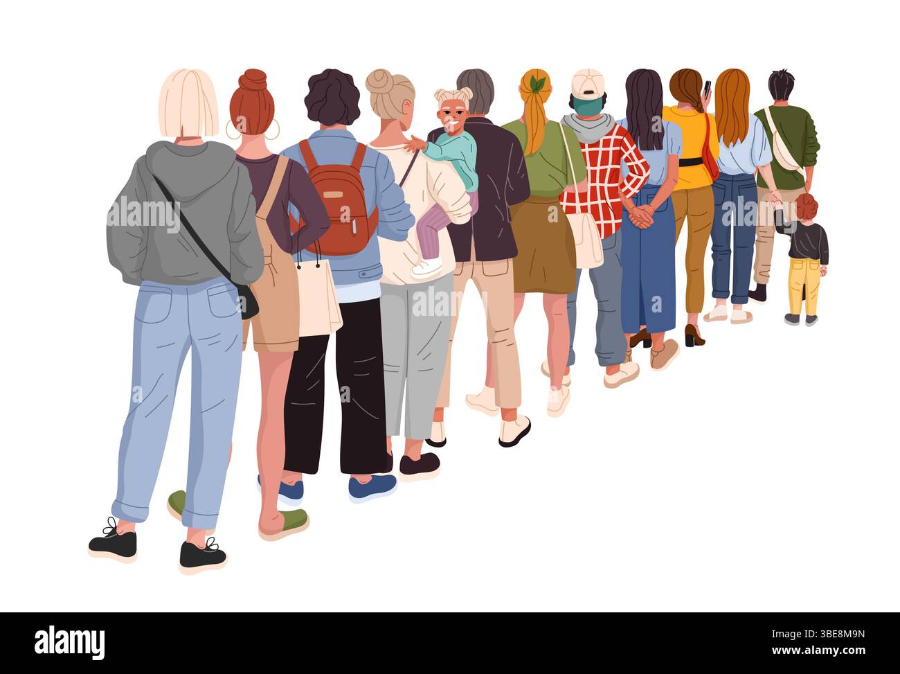 Les gens font la queue, vue arrière de diverses personnes faisant la queue. Dessins animés vecteur plat hommes, femmes et enfants personnages de différents âges portent des vêtements décontractés urbains faisant la queue en file d'attente l'un après l'autre Illustration de Vecteur