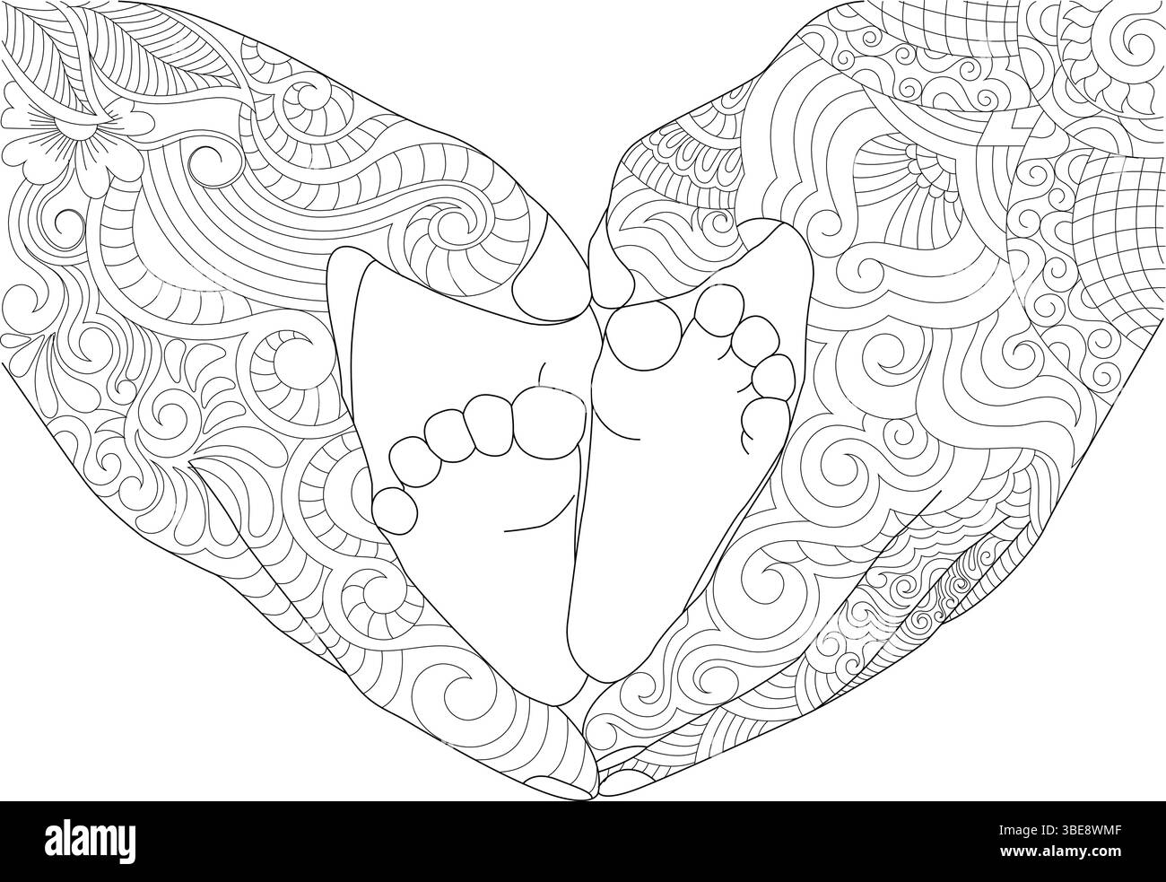 Illustration graphique en noir et blanc représentant des mains d'adultes berçant doucement de minuscules pieds de bébé, formant une forme de coeur. Les mains sont décorées avec intric Illustration de Vecteur