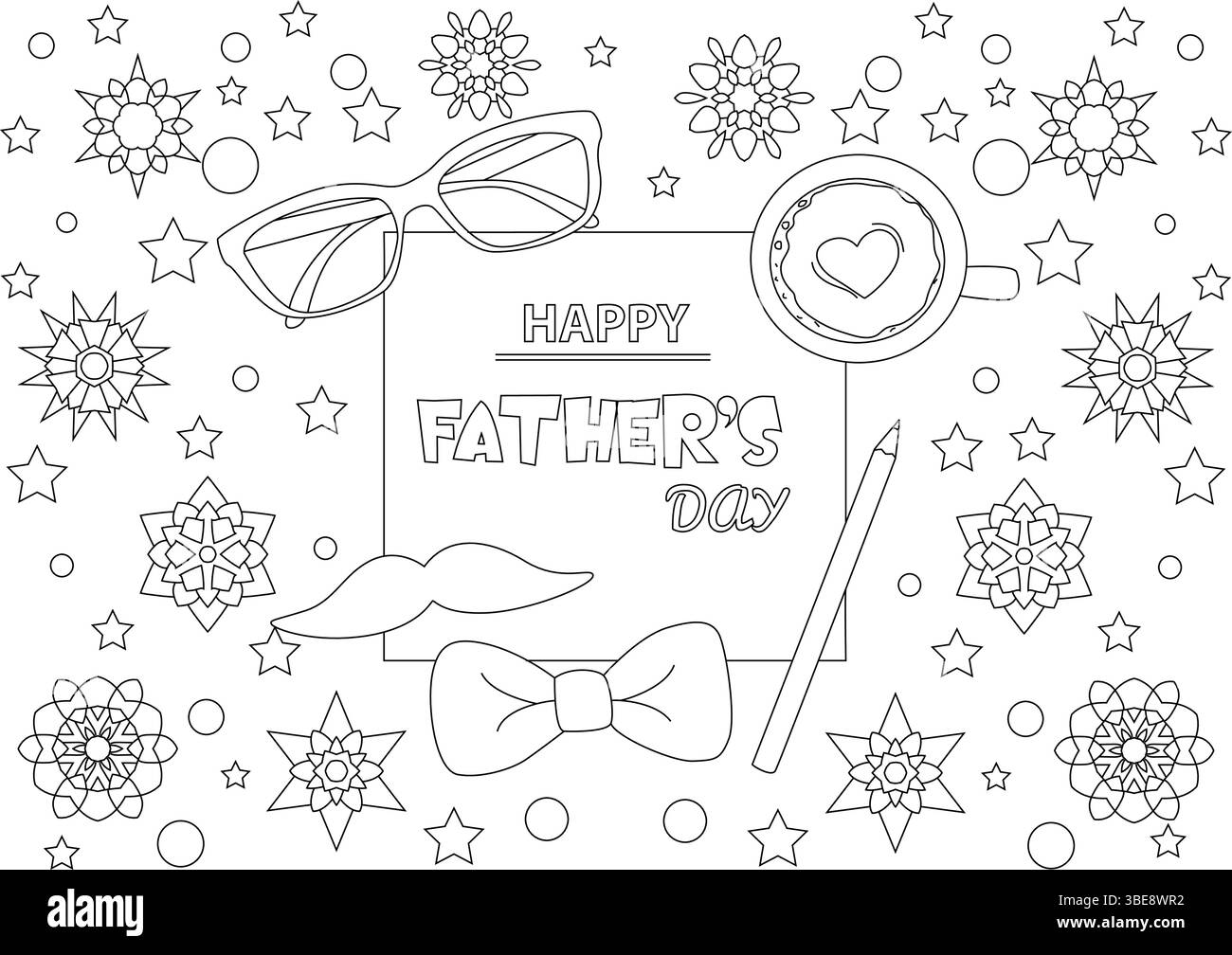 Illustration d'art au trait noir et blanc pour la fête des pères, avec texte « HAPPY FATHER'S Day », lunettes de soleil, moustache, noeud papillon, tasse à café avec coeur, stylo Illustration de Vecteur