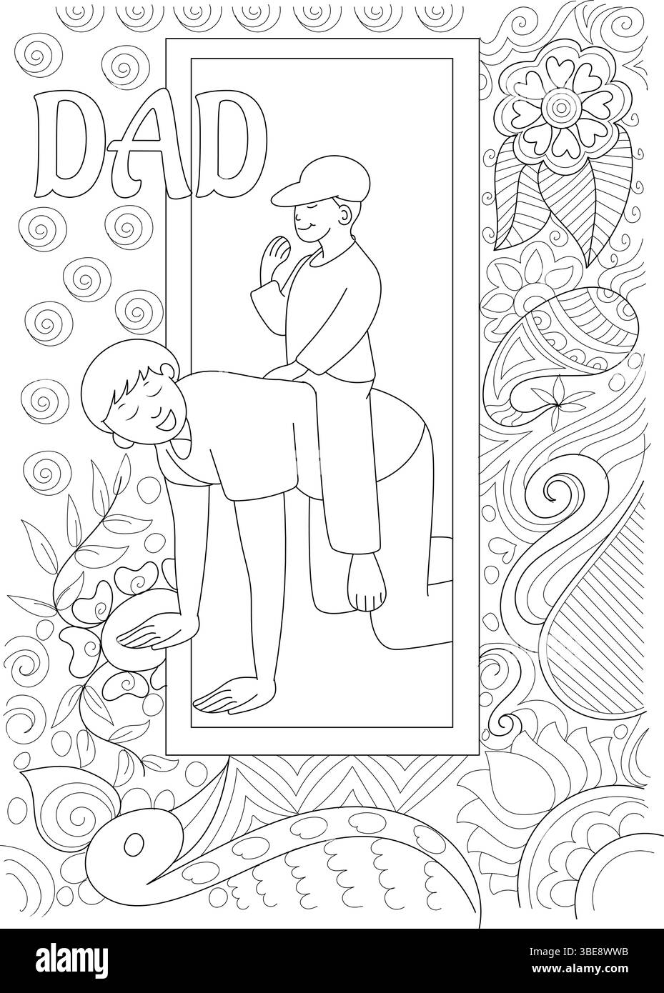 Illustration de contour noir et blanc pour livre de coloriage de fête des pères ou page d'activité, mettant en vedette un enfant sur le dos d'un père avec floral décoratif et Illustration de Vecteur