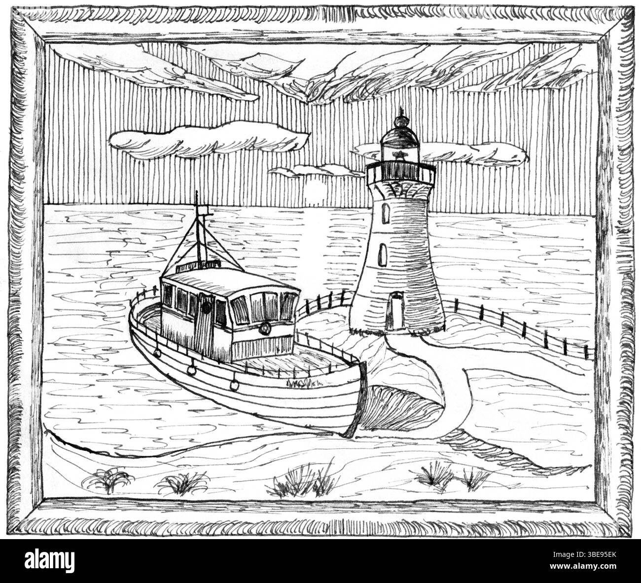 Croquis détaillé en noir et blanc d'un phare côtier anglais et d'un bateau de pêche, encadrés avec élégance. Idéal pour une utilisation éditoriale dans les articles maritimes, tra Banque D'Images