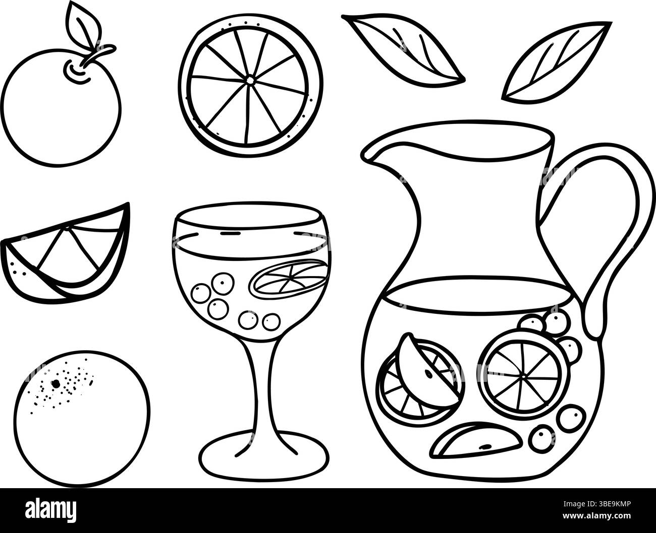 Set de sangria. Verre à cocktail et pichet ou pichet avec fruits à l'orange et à la pomme. Boisson rafraîchissante d'été. Illustration vectorielle dessinée à la main de l'espagnol Illustration de Vecteur