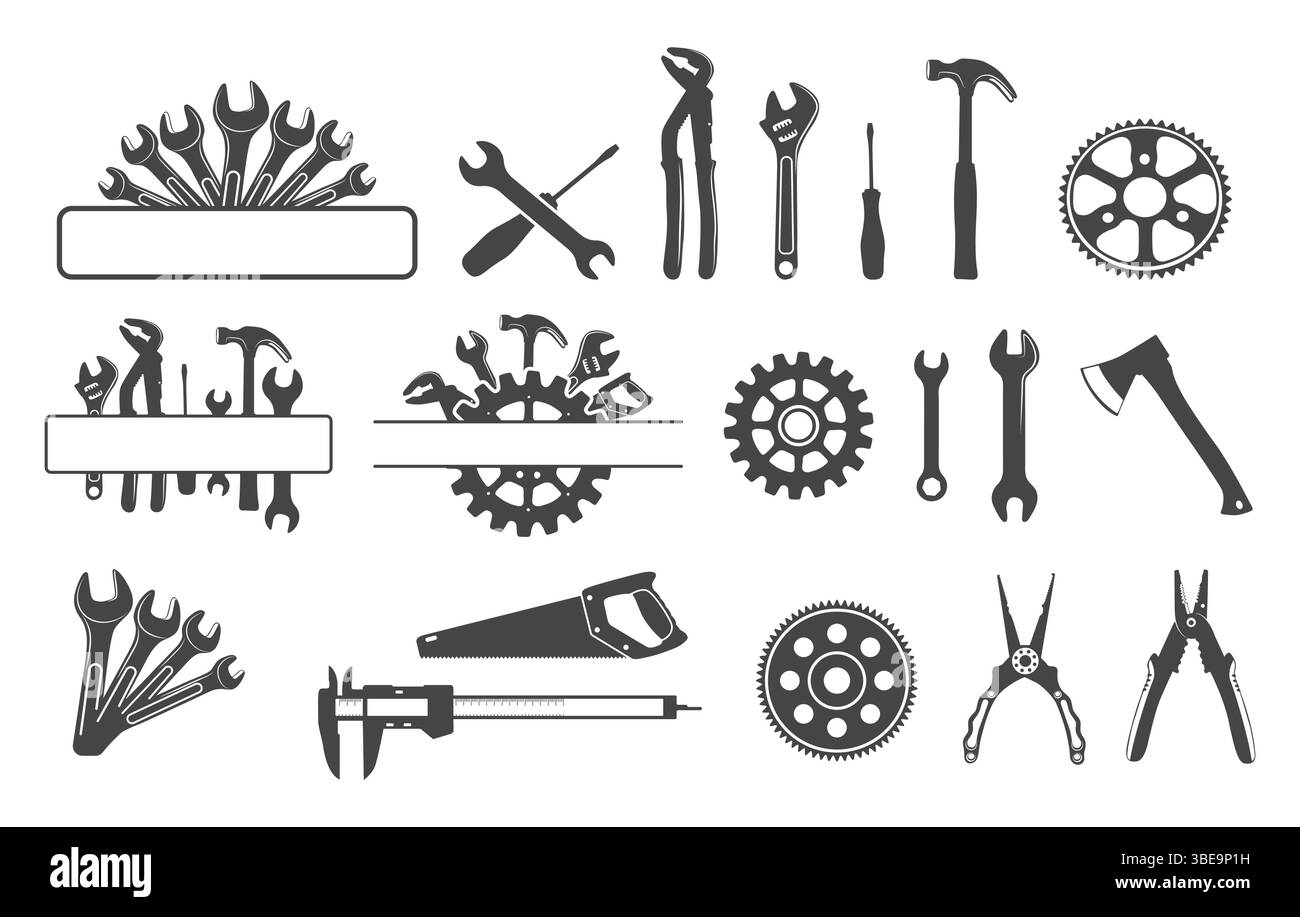 Outils mécaniques svg, outils monogramme, outils svg, outils monogramme svg, outil de réparation svg, silhouette des outils mécaniques, silhouette des outils de réparation. Illustration de Vecteur