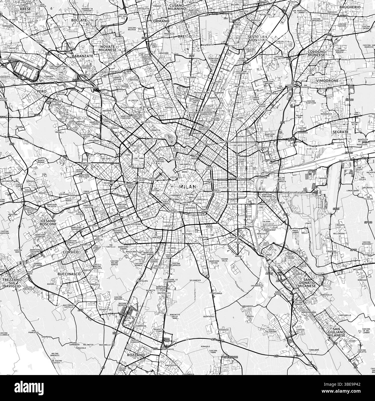 Carte minimaliste de la région de Milan avec des étiquettes et des quartiers avec de nombreux détails pour les routes urbaines, les chemins et les disctricts. Design nordique dans un style carte léger avec Banque D'Images
