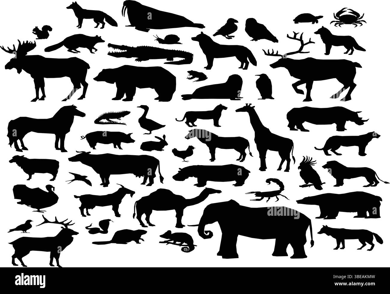 Wild animal Silhouette Tattoo Design Collection - vecteur Zoo et créatures forestières, ours, éléphant, cerf, orignal, crocodile, loup, lion, girafe, cheval, phoque, crabe Illustration de Vecteur