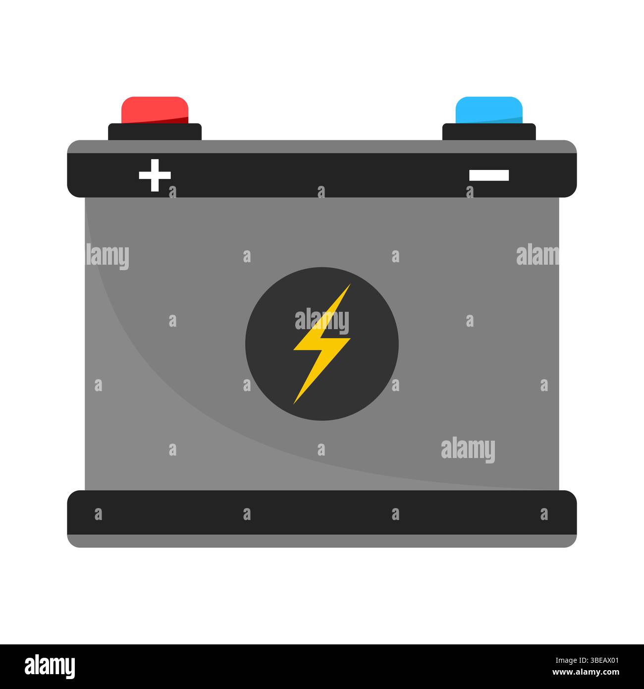 Icône de batterie avec bornes et symbole d'éclair. La batterie est rectangulaire. Il est doté d'une borne positive rouge et d'une borne négative bleue. Illustration de Vecteur