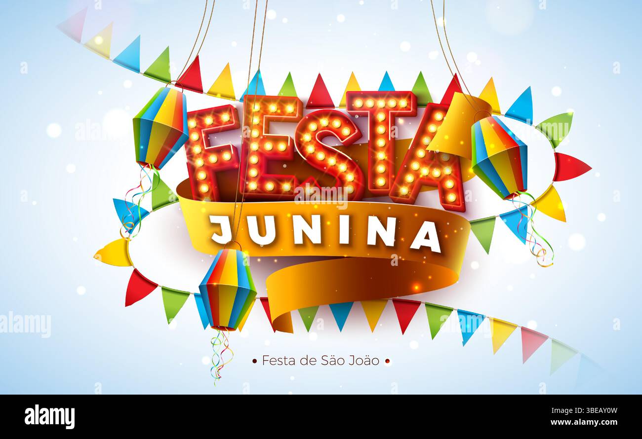 Festa Junina Illustration avec drapeaux de fête, confetti et ampoule lettre de panneau d'affichage sur fond jaune. Vector Brésil Sao Joao June Festival Design Illustration de Vecteur
