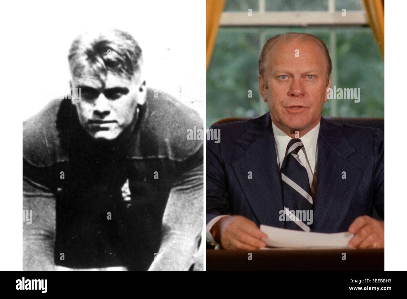 At left, Gerald Ford is shown as he appeared at center for the University of Michigan in 1934 and as President Gerald Ford as he pardoned former President Richard Nixon from the Oval Office of the White House in Washington, Sept. 8, 1974. (AP Photo/File) Banque D'Images