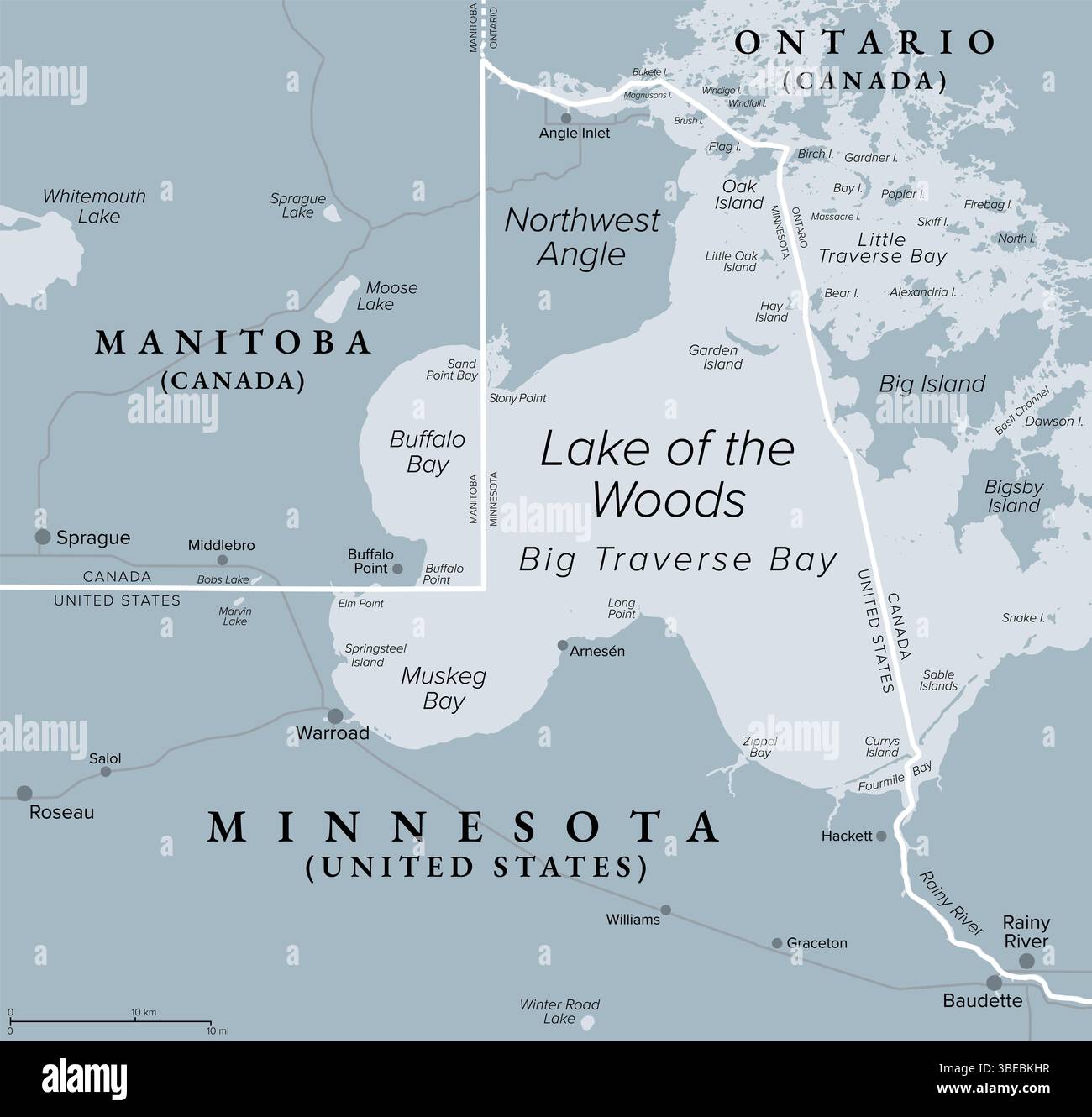 Angle nord-ouest, carte politique grise. Exclave du nord du lac du comté de Woods, Minnesota, formant une frontière entre le Canada et les États-Unis. Banque D'Images