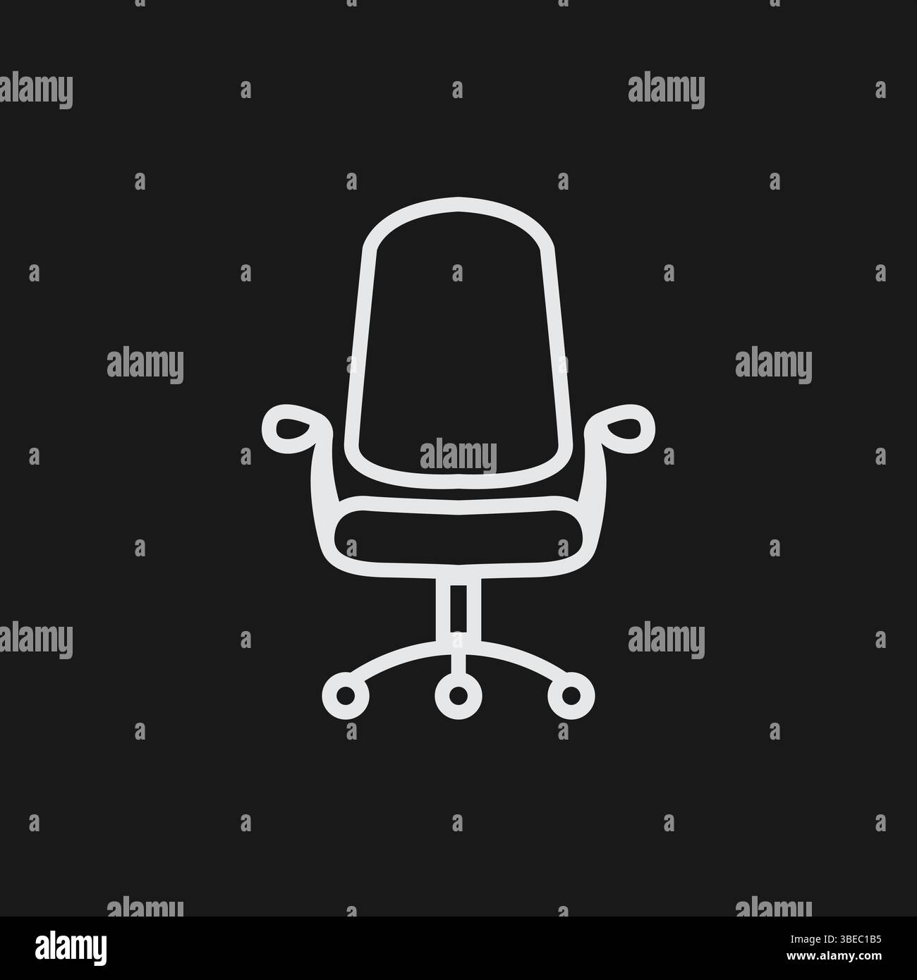 Chaise de bureau White Outline Icon avec roues sur fond noir Illustration de Vecteur