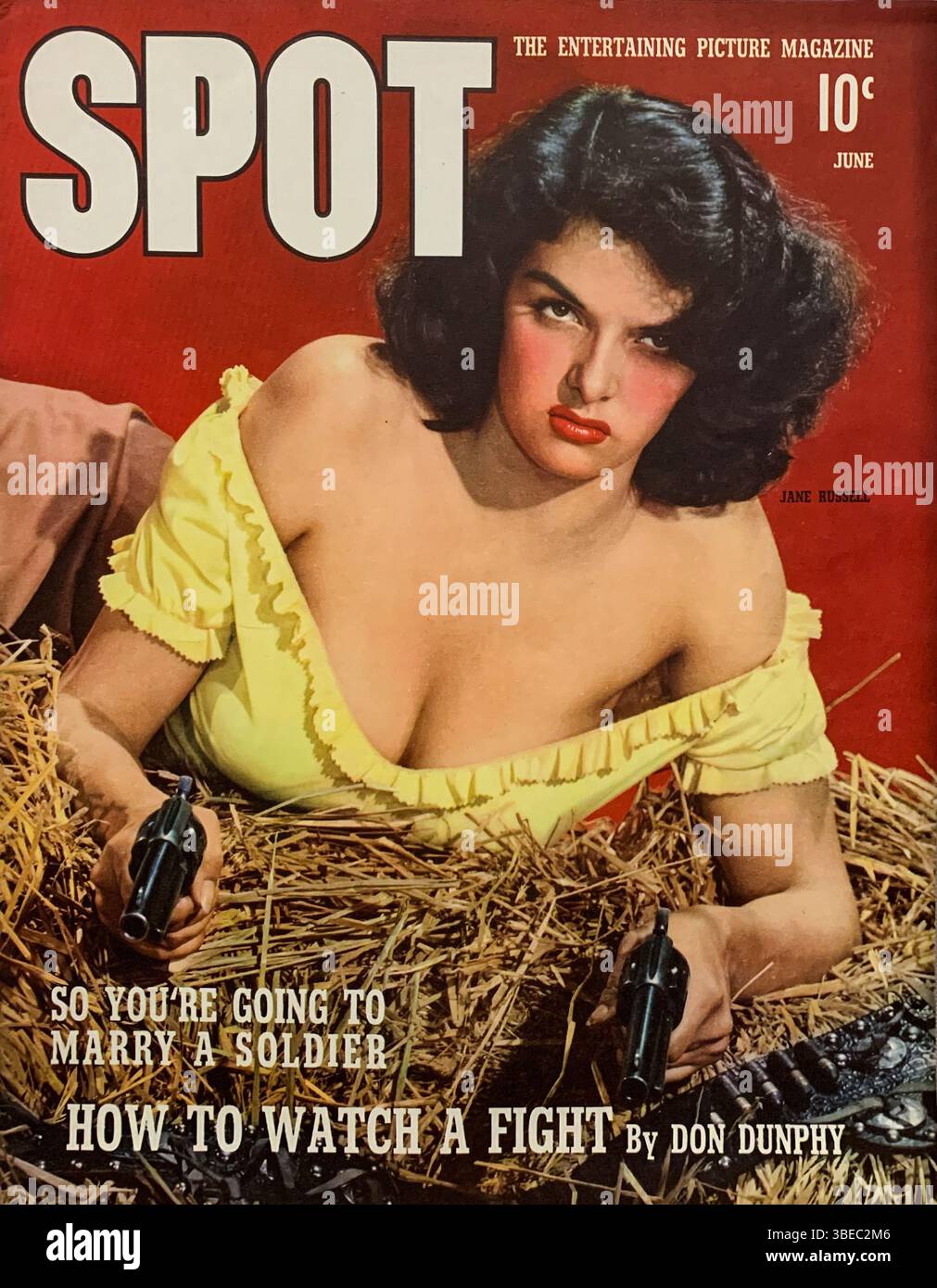 1942 juin couverture du magazine SPOT mettant en vedette Jane Russell, qui a joué dans le film "The Outlaw" de 1943, produit par Howard Hughes. Banque D'Images