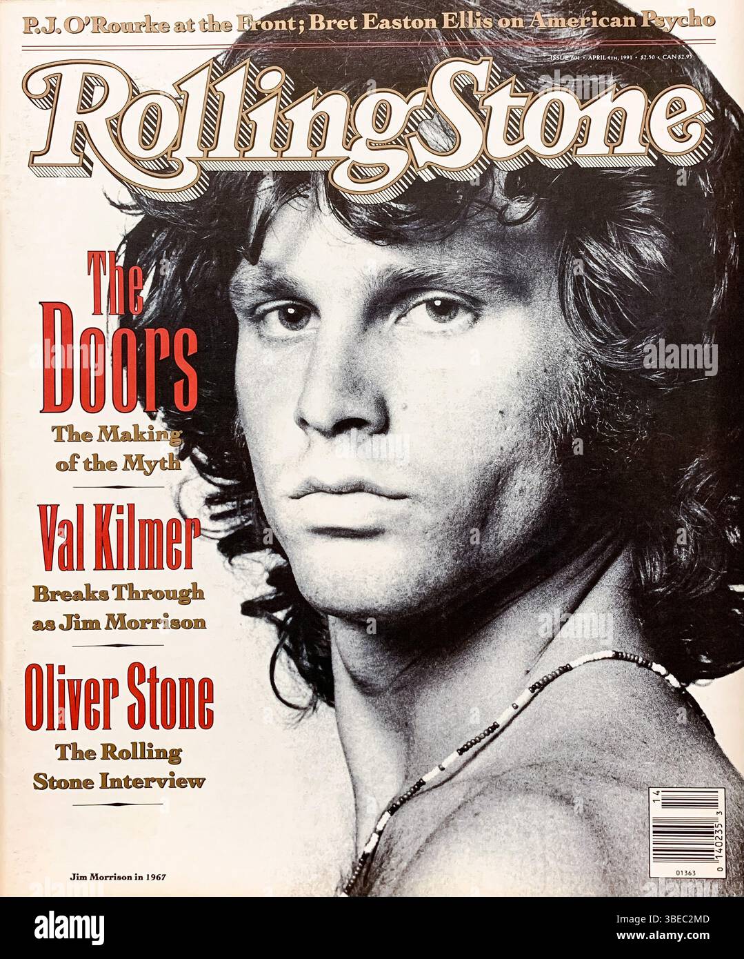 Rolling Stone Magazine du 4 avril 1991, avec une image en noir et blanc de Val Kilmer dans le rôle de Jim Morrison du film 'The Doors', réalisé par Oliver Stone Banque D'Images