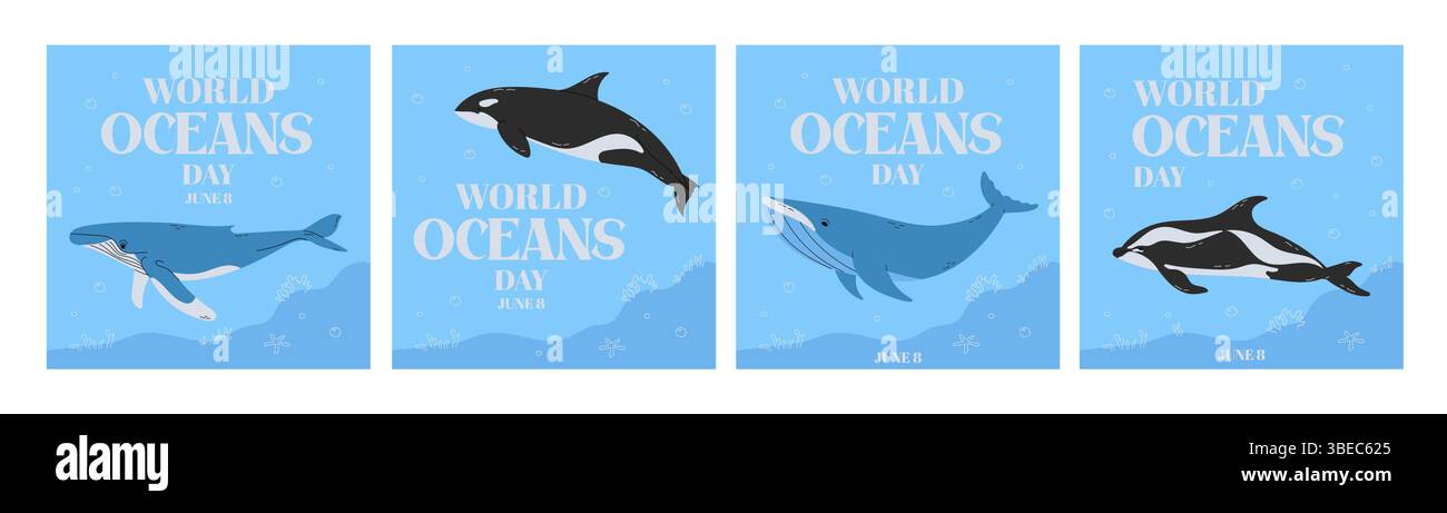 Set d'affiches de la journée mondiale des océans Illustration de Vecteur