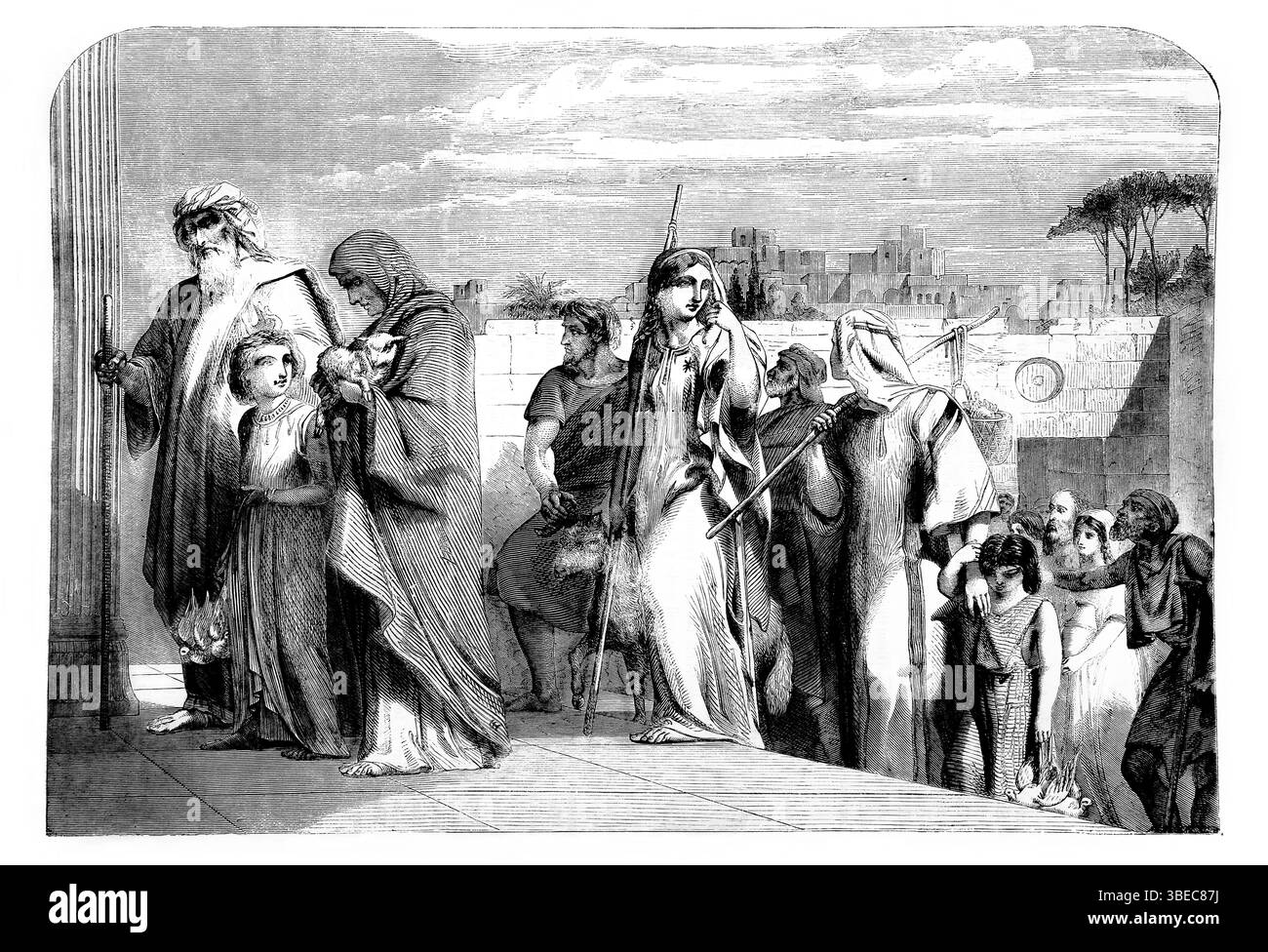 Illustration du Psaume XCVI.8 allant jusqu'au temple avec des offrandes de l'ancien 19ème siècle la Sainte Bible contenant l'ancien et le Nouveau Testament avec Banque D'Images