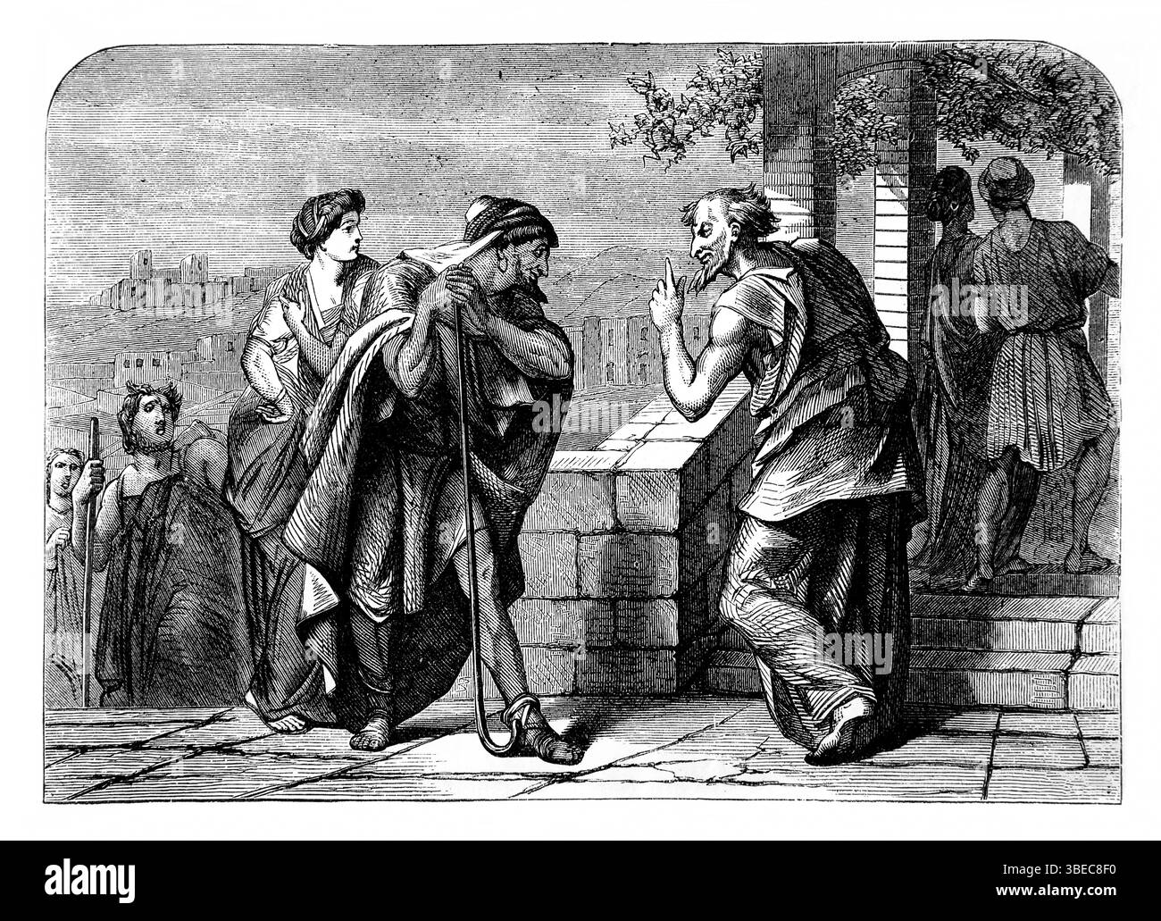 Illustration des proverbes XXVI.22 'les paroles d'un porteur de Talebearer sont comme des blessures et ils descendent dans les parties les plus intérieures du ventre' de Antique 19e. Banque D'Images