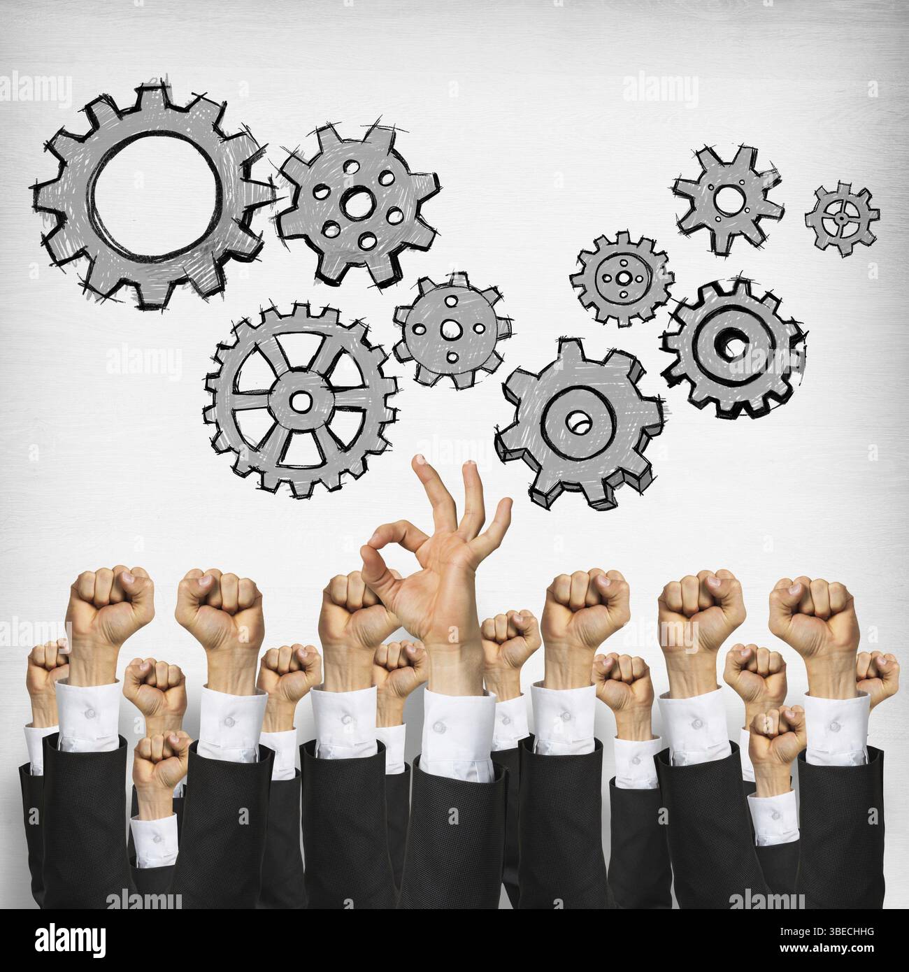 Groupe de mains de businesspeople montrant des gestes sur fond de bois Banque D'Images