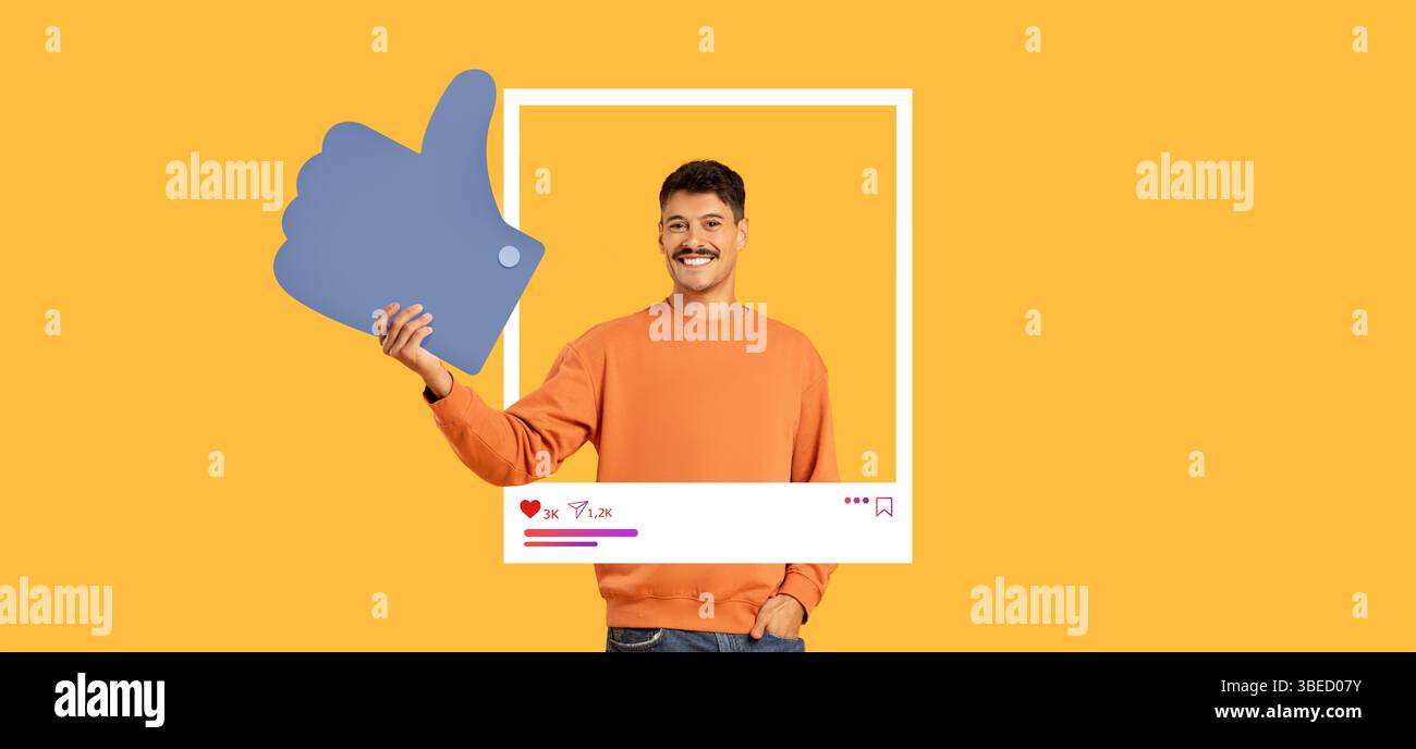 Impliquer les influenceurs en partageant du contenu avec les pouces vers le haut dans un cadre dynamique Banque D'Images
