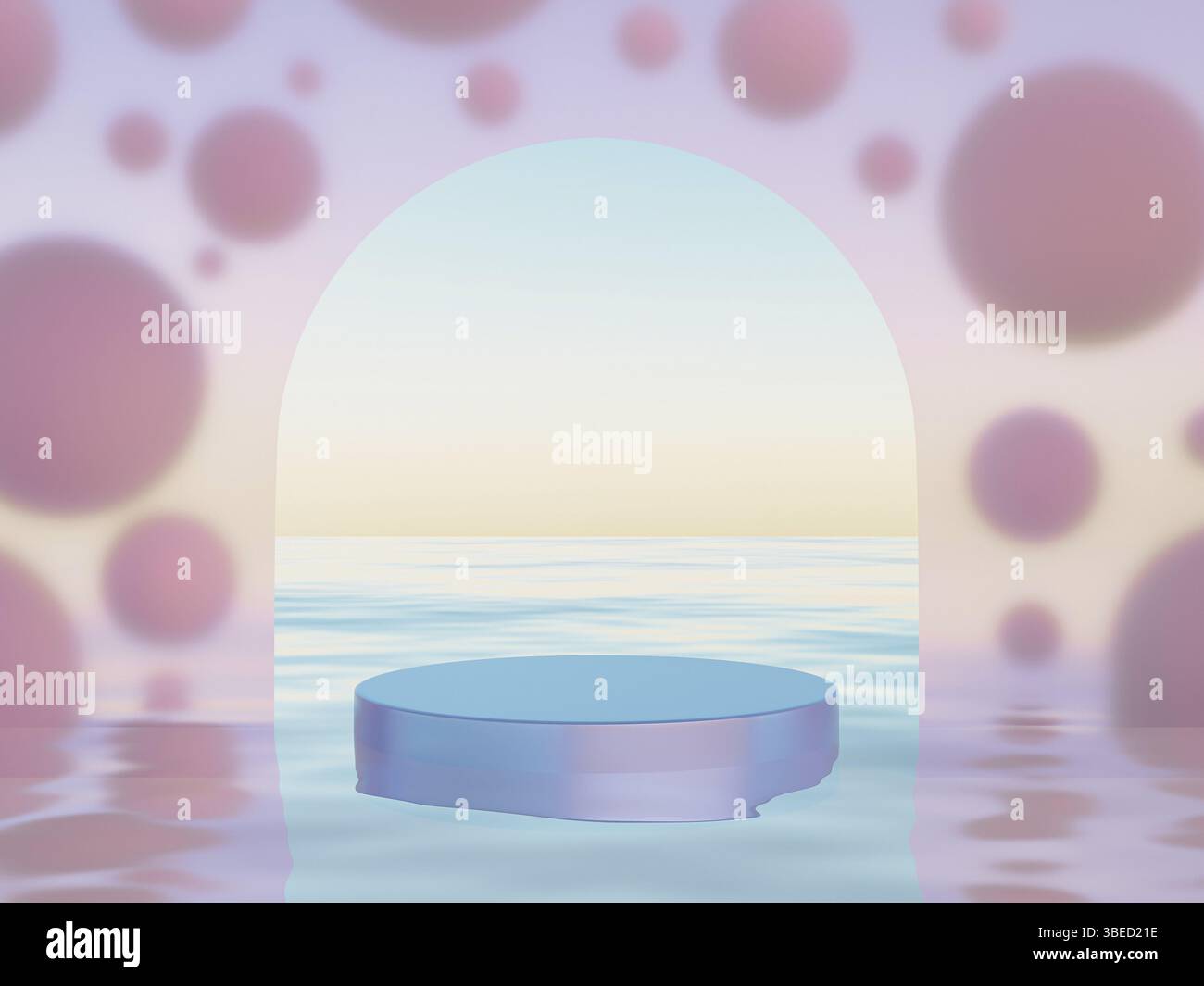 Concept Metaverse. Mur arc en verre mat avec bulles flottantes et océan avec podium pour le produit. Crypto art, espace virtuel pour vr. . Haute qualité 3d i Banque D'Images