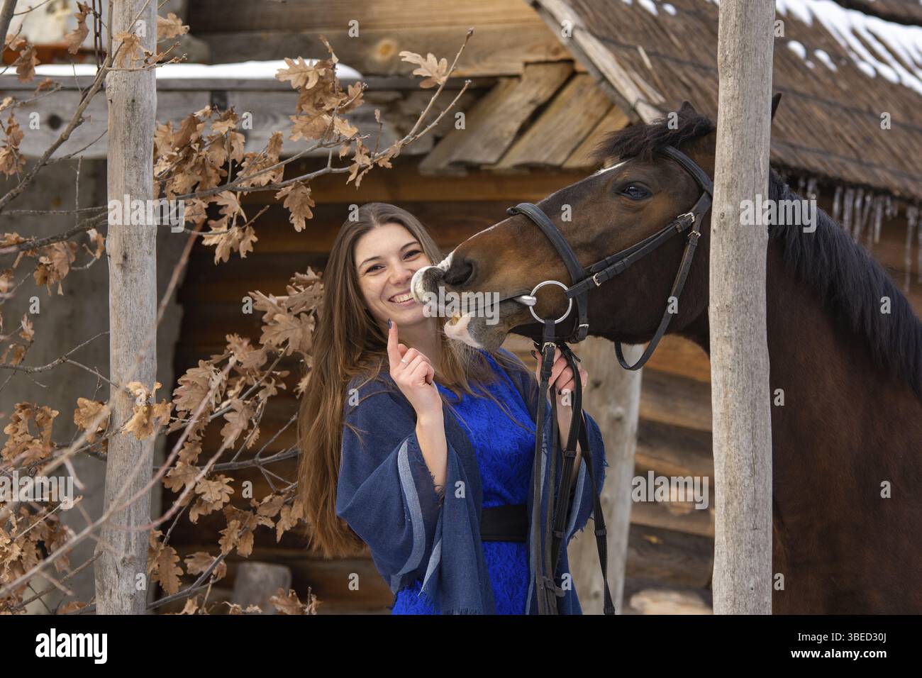Joyeuse fille joue avec un cheval, le cheval montre des dents Banque D'Images