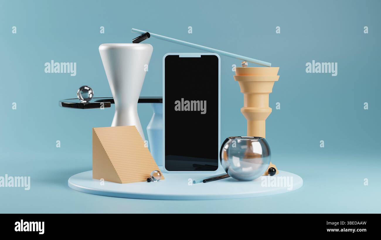 Maquette de téléphone sur piédestal abstrait moderne dans les tons bleu et orange. Équilibrer les formes géométriques. Style moderne et tendance. Modèle d'écran pour l'application. Banque D'Images