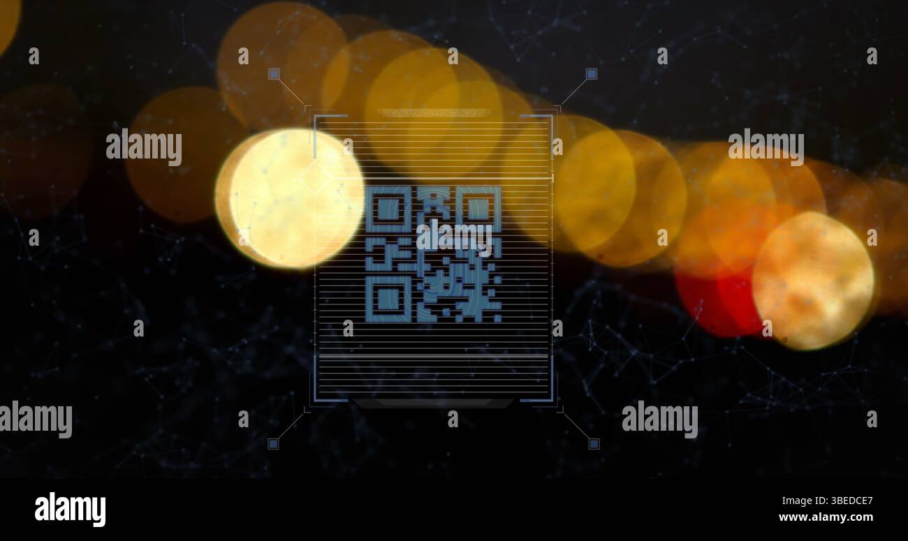 Image du scanner de code qr néon et réseau de connexions sur des taches de lumière sur fond noir Banque D'Images