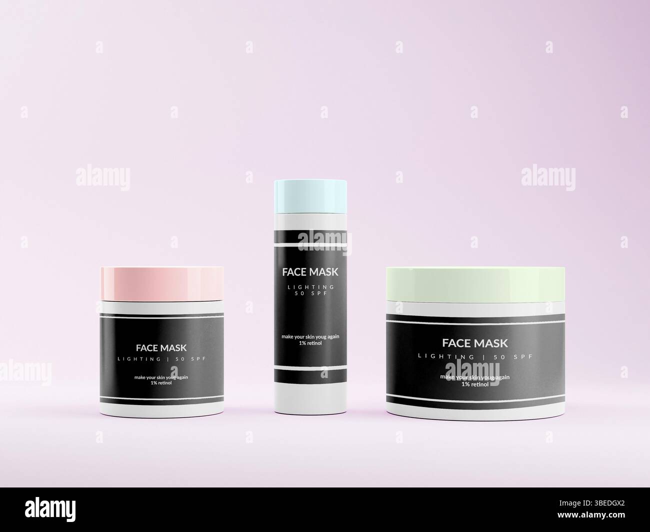 Pots de masque facial sur fond rose avec effet lifting et rétinol. Bien-être cosmétologie, soins personnels. maquette de rendu 3d . Illustration 3d de haute qualité Banque D'Images