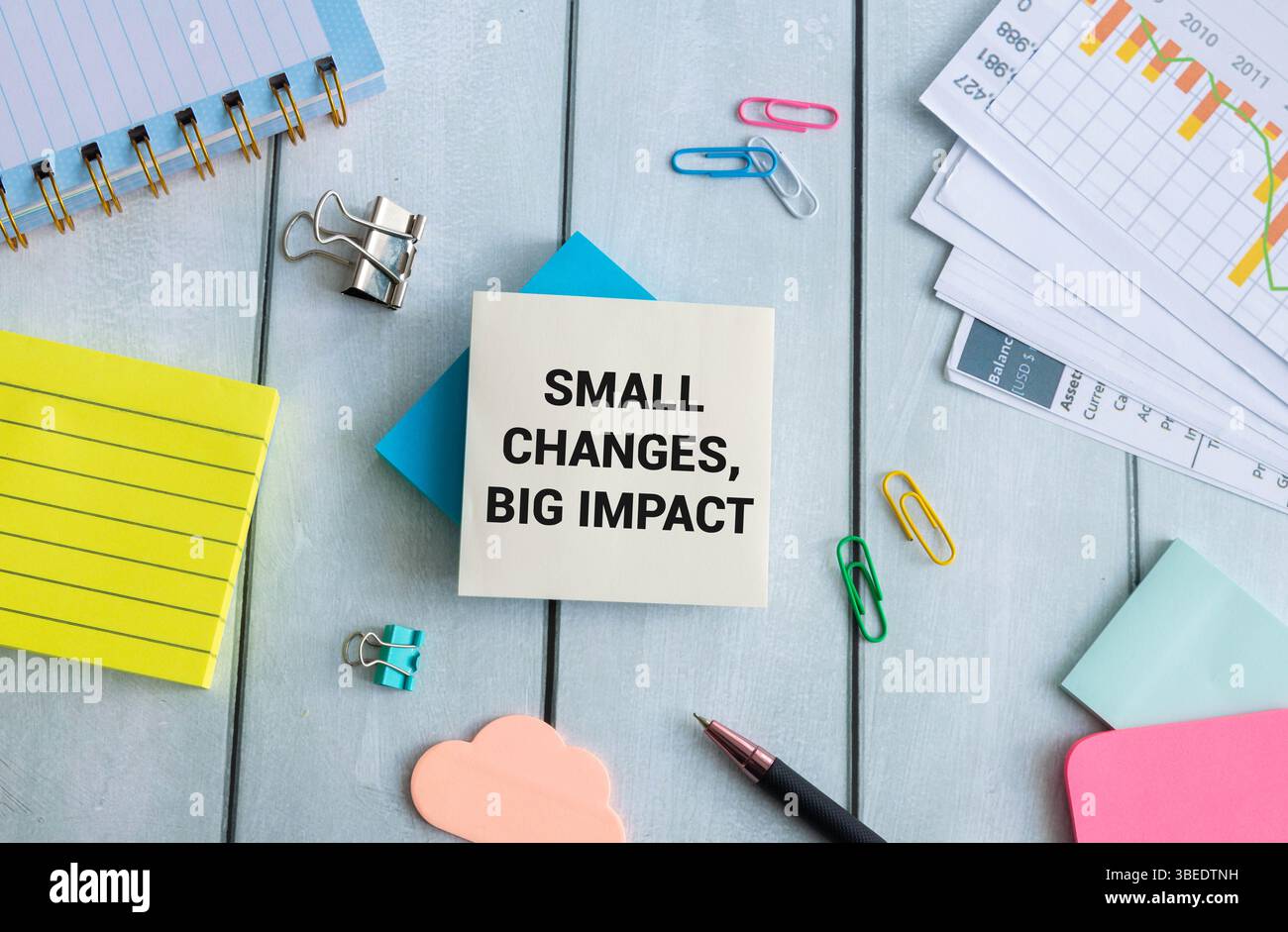 Petits changements, gros texte impact sur carte papier avec réveil sur fond géométrique violet et rose Banque D'Images