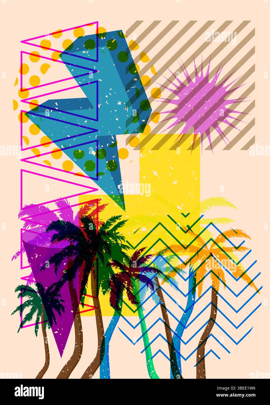 Risograph Palm Tree avec des formes géométriques. Les objets dans le graphique riso à la mode impriment la conception de style de texture avec des éléments géométriques. Illustration de Vecteur