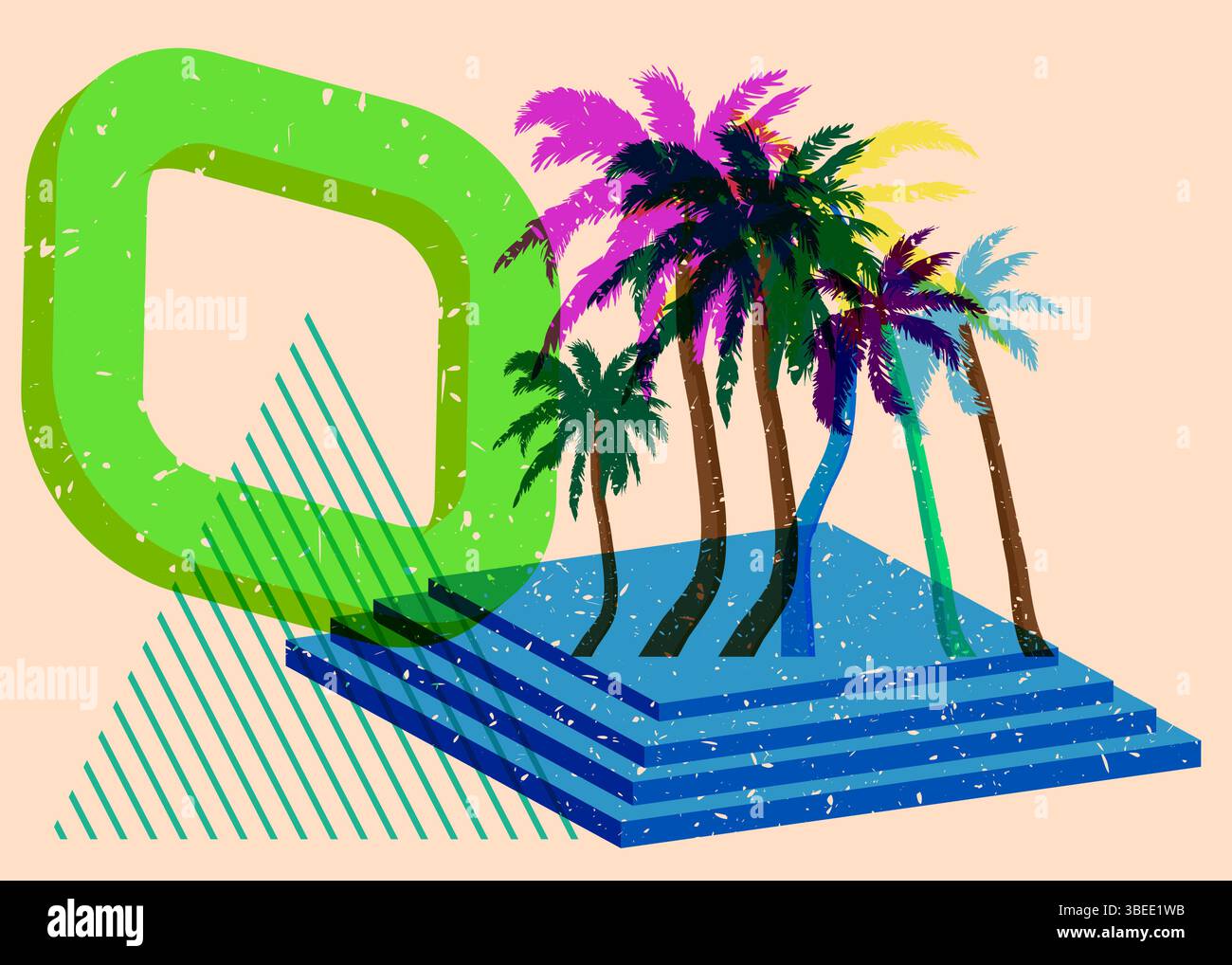 Risograph Palm Tree avec des formes géométriques. Les objets dans le graphique riso à la mode impriment la conception de style de texture avec des éléments géométriques. Illustration de Vecteur