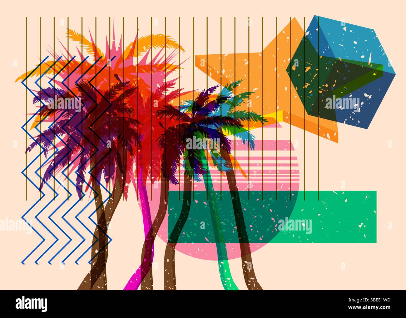 Risograph Palm Tree avec des formes géométriques. Les objets dans le graphique riso à la mode impriment la conception de style de texture avec des éléments géométriques. Illustration de Vecteur