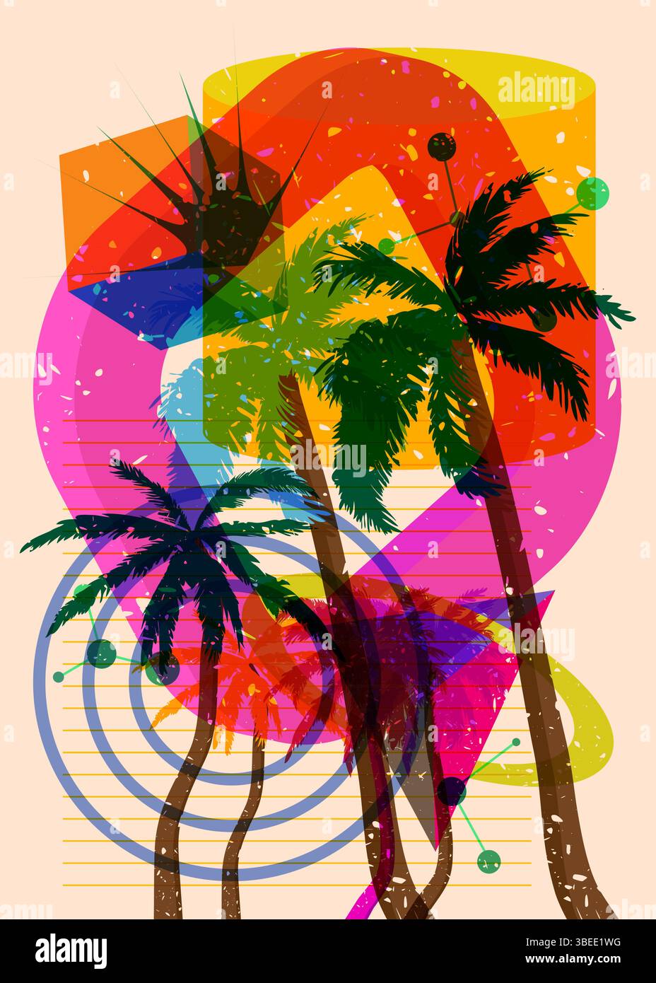Risograph Palm Tree avec des formes géométriques. Les objets dans le graphique riso à la mode impriment la conception de style de texture avec des éléments géométriques. Illustration de Vecteur