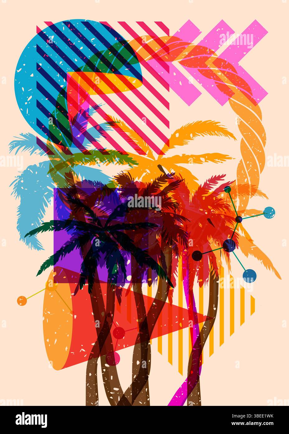 Risograph Palm Tree avec des formes géométriques. Les objets dans le graphique riso à la mode impriment la conception de style de texture avec des éléments géométriques. Illustration de Vecteur