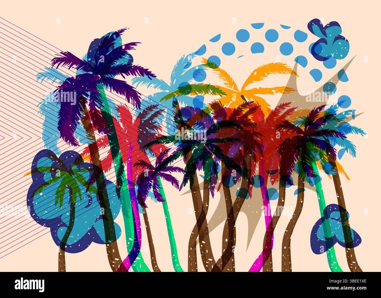Risograph Palm Tree avec des formes géométriques. Les objets dans le graphique riso à la mode impriment la conception de style de texture avec des éléments géométriques. Illustration de Vecteur