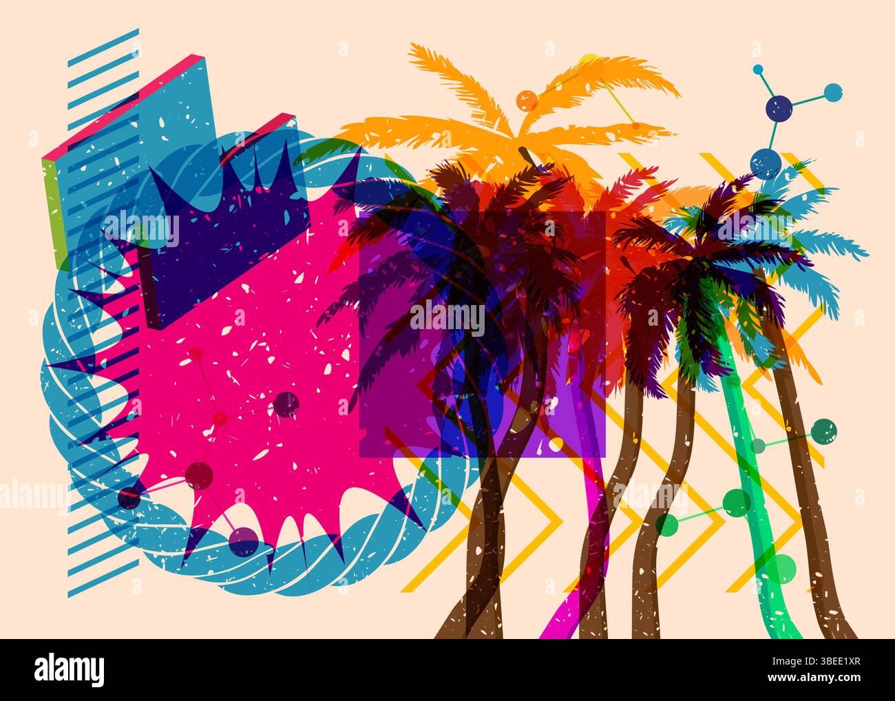 Risograph Palm Tree avec des formes géométriques. Les objets dans le graphique riso à la mode impriment la conception de style de texture avec des éléments géométriques. Illustration de Vecteur